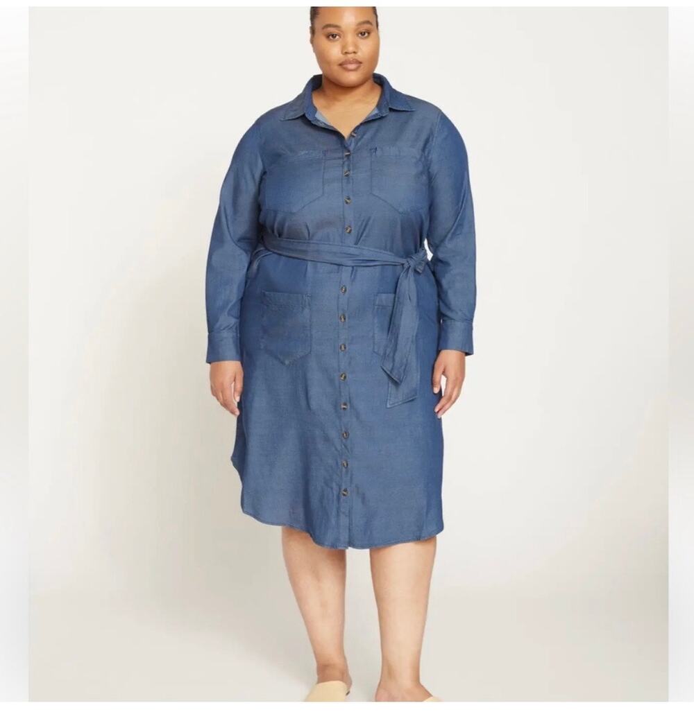 New! Universal Standard Chambray Blue Shirt Dress Tie Waist Womens 7X